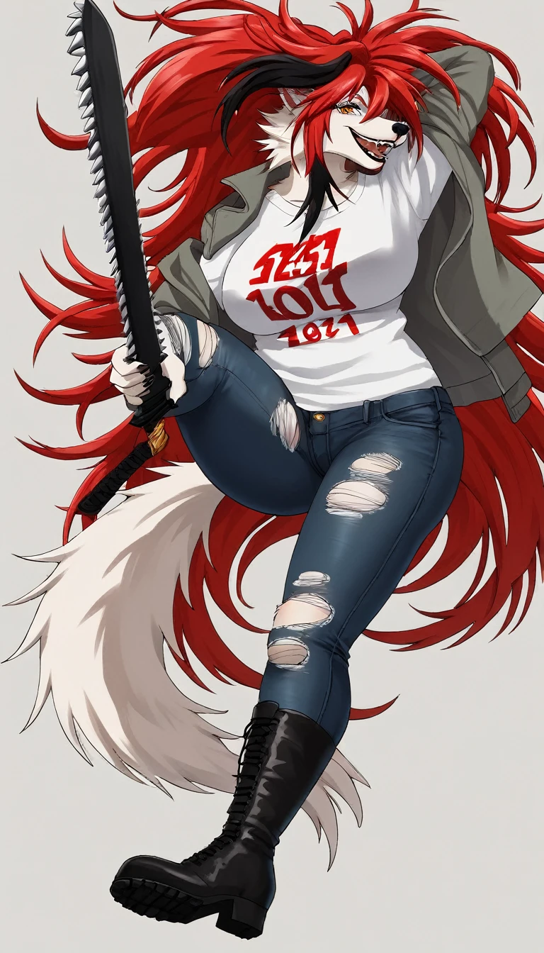 anime fantasy anthro style, a beautiful adventurer, (wolf with white fur), ((long red hair with black highlights)), open jacket over a loose t-shirt, short jeans shots, ripped tights, boots, hourglass body, mature beauty, (((posing with a big stylish chainsaw sword))), confident smile. Highly detailed, fantastic action scene
