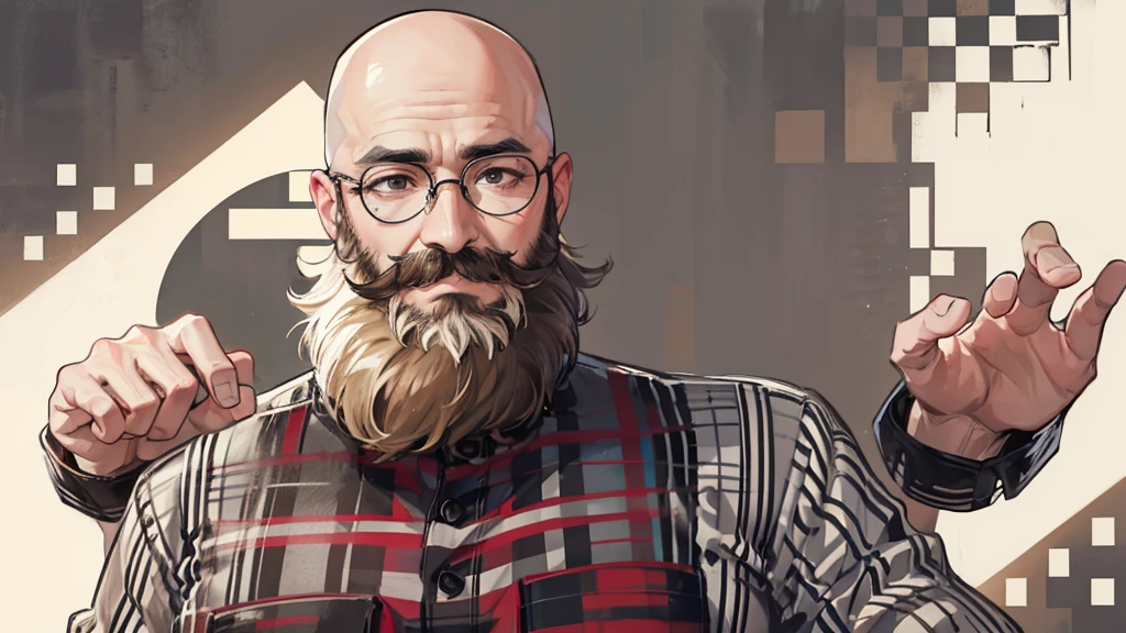 alan dos santos, bald man with beard and mustache,round glasses,checkered shirt,eyes browns