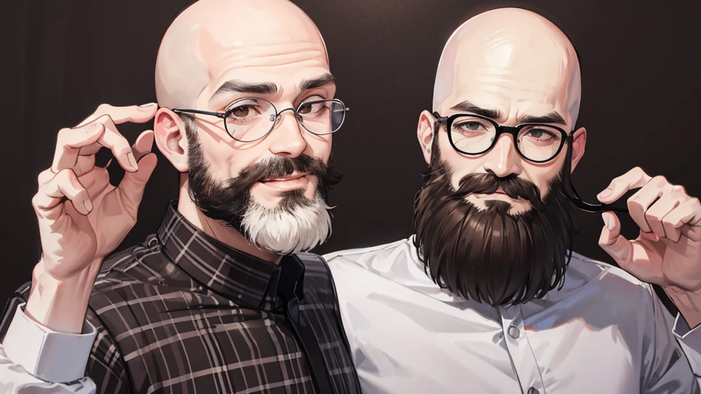 alan dos santos, bald man with beard and mustache,round glasses,checkered shirt,eyes browns