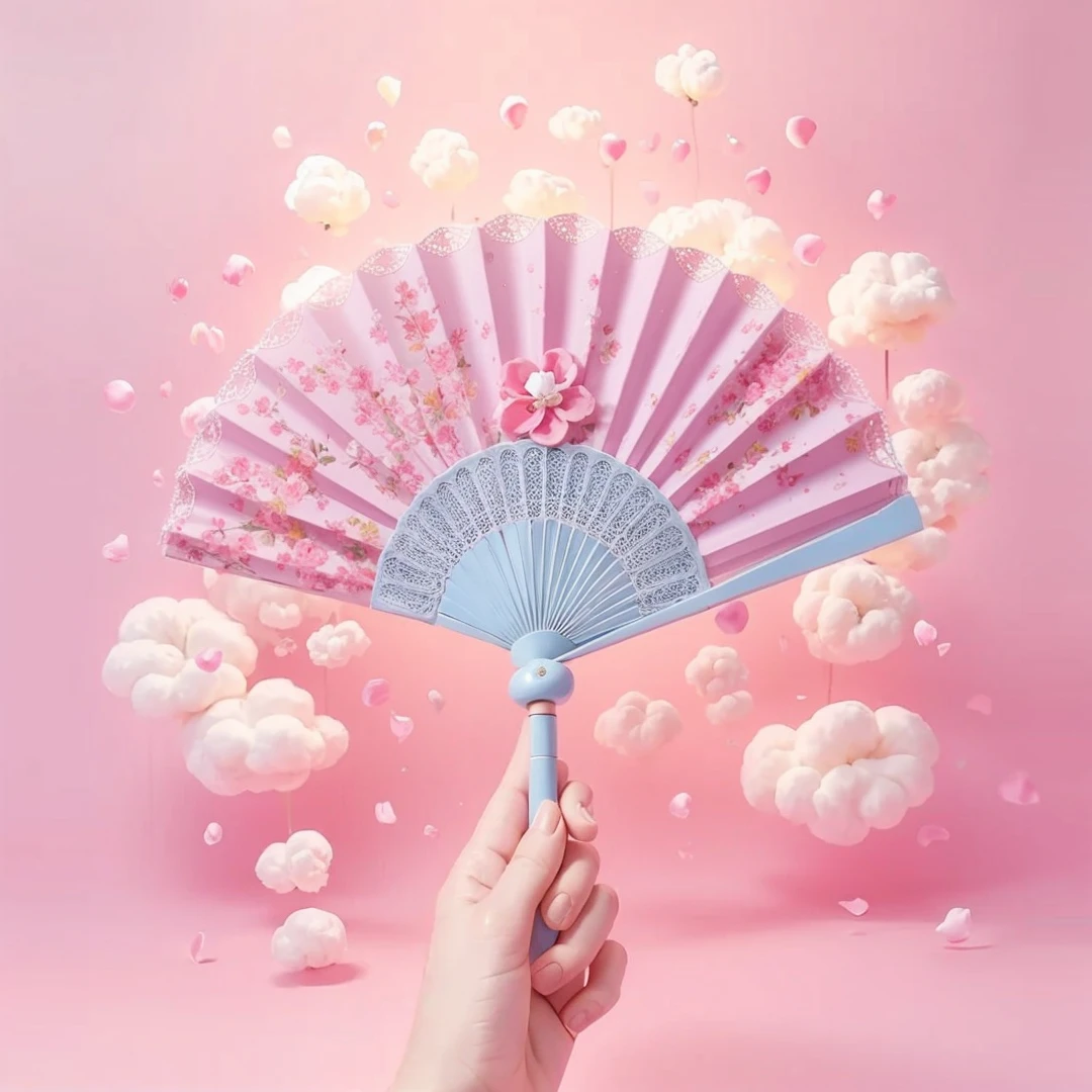 pink and light blue hand fan