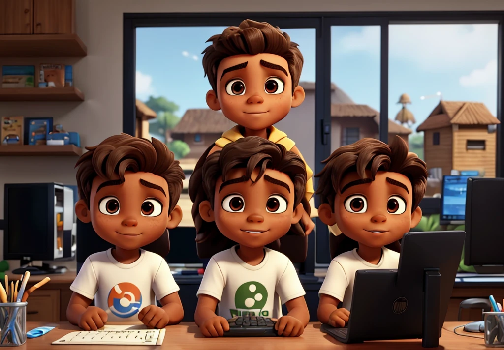 two brothers, 4 and the other 7 years, Gamer , olhos e Brown skin, Brown skin, gamer, little or big brother, playing on the computer, slickedback hair