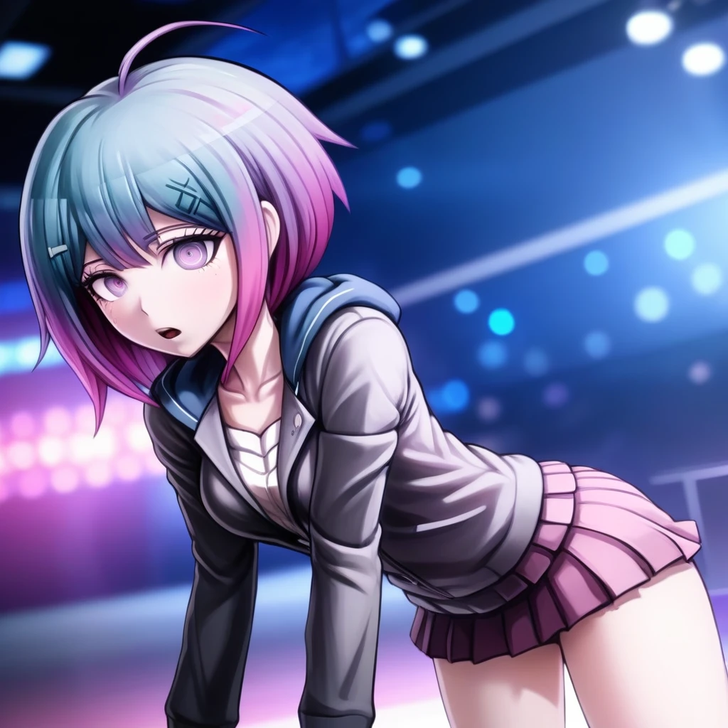 Woman, plum, creative design, pink hair, danganronpa style, thick lines, full-body, detailed face, komatsuzaki rui style, blue hair, bored, motion lines, bokeh, anatomically correct, UHD, masterpiece