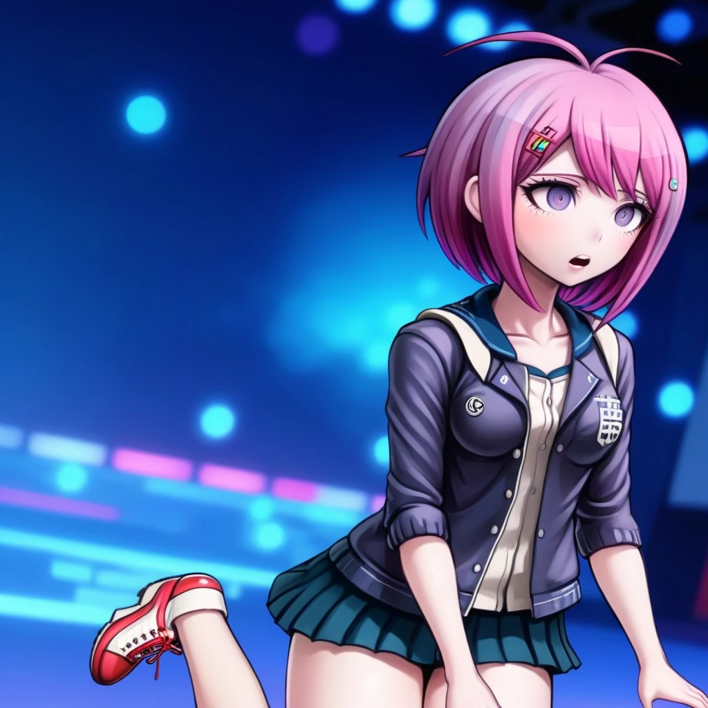 Woman, plum, creative design, pink hair, danganronpa style, thick lines, full-body, detailed face, komatsuzaki rui style, blue hair, bored, motion lines, bokeh, anatomically correct, UHD, masterpiece