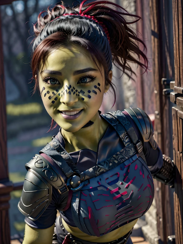 (best quality, masterpiece, beautiful and aesthetic:1.2, colorful, dynamic angle, highest detailed face)1girl,barissoffee, ninja, ninja_clothes, armor, black latex, (green skin:1.4), facial tattoo,upper body portrait, looking at viewer, smiling(high contrast, official art, extreme detailed, highest detailed)