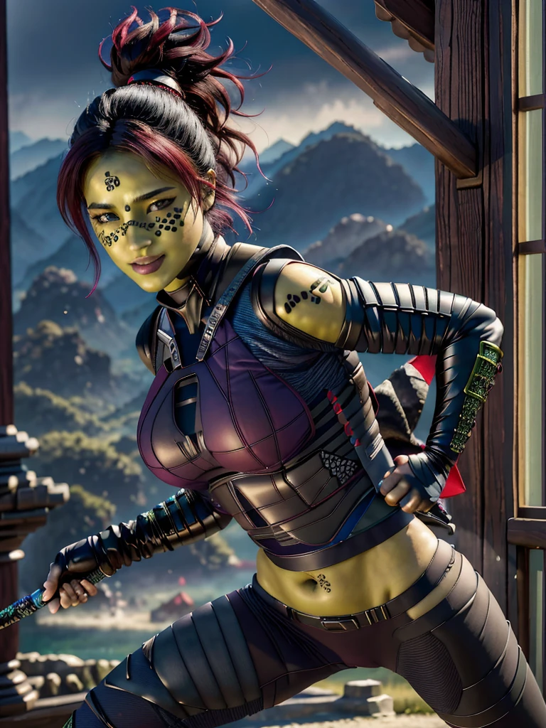 (best quality, masterpiece, beautiful and aesthetic:1.2, colorful, dynamic angle, highest detailed face)1girl,barissoffee, ninja, ninja_clothes, armor, black latex, (green skin:1.4), facial tattoo,upper body portrait, looking at viewer, smiling(high contrast, official art, extreme detailed, highest detailed)