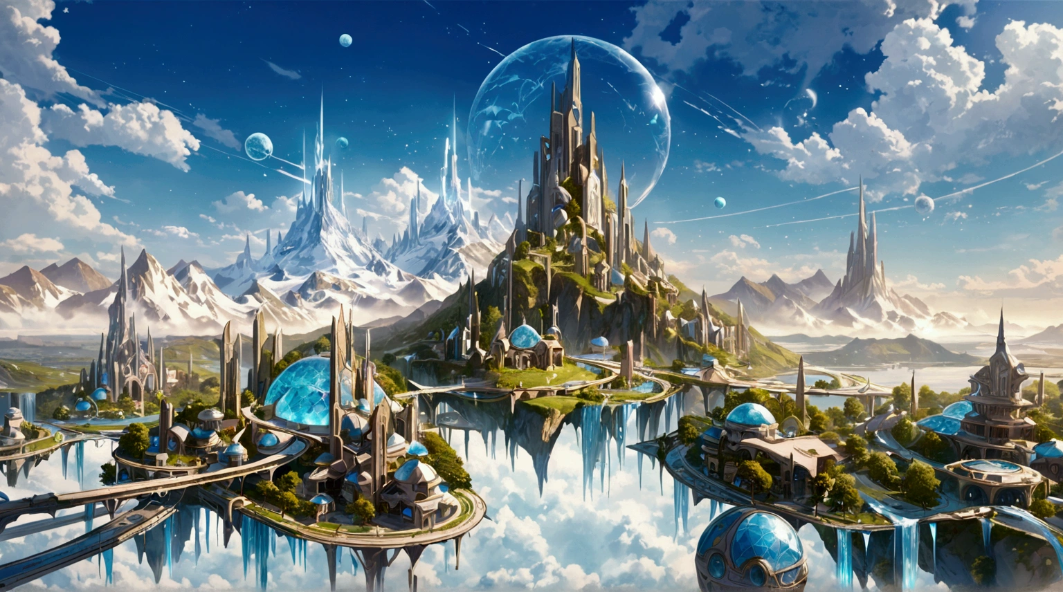 masterpiece, best quality, good quality, Fantasy aesthetics, Highly detailed, beautiful lanscape, floating futuristic fantasy city, icy mountain with river