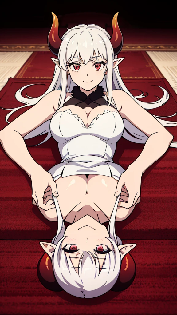 1girl,20s,solo,white short dress,white hair,long hair,elf ears,horns,white pantyhose,cleavage,red eyes,((lying down, on the carpet of a palace)),smile,