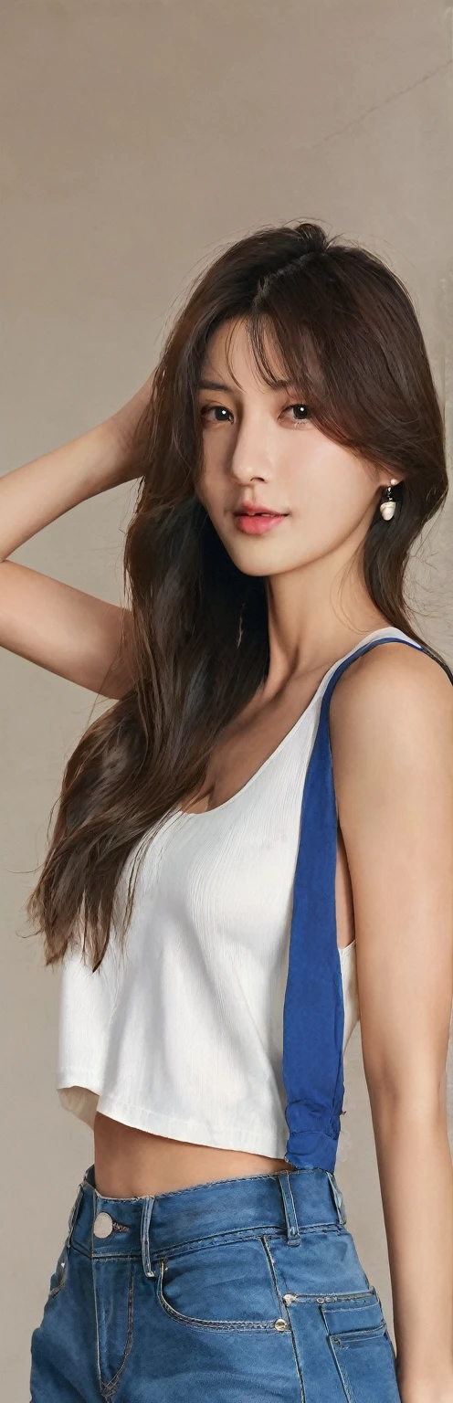 (masterpiece, best quality:1.2), 1 woman, alone,standing_divided,
long hair, white sleeveless tank top,blue denim shorts
