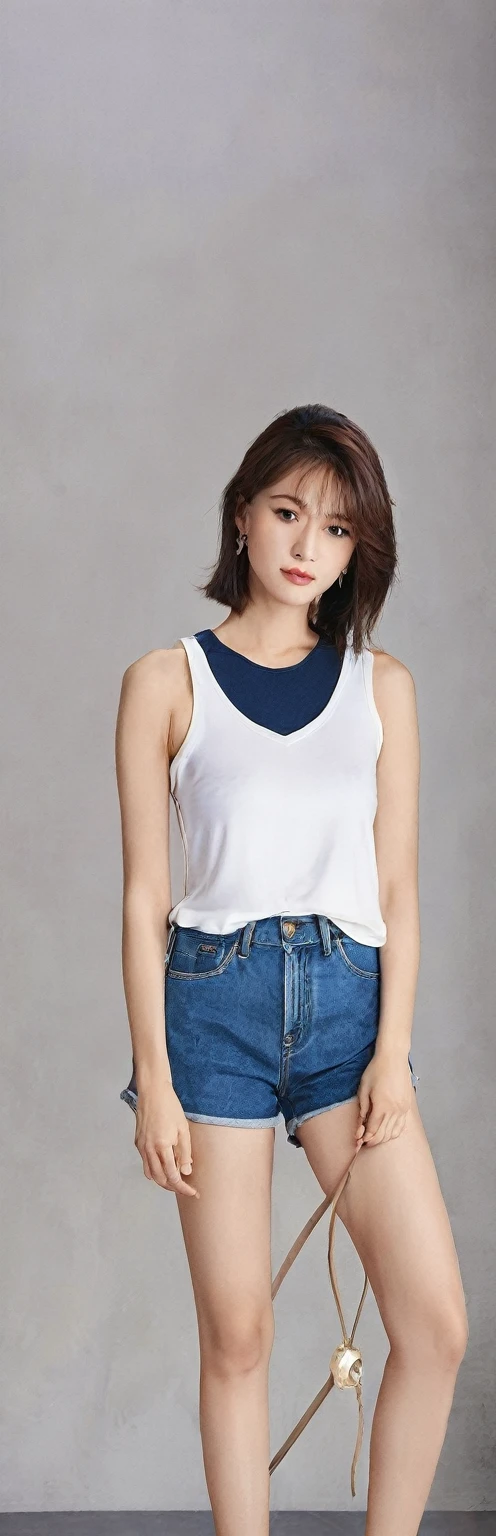 (masterpiece, best quality:1.2), 1 woman, alone,standing_divided,
long hair, white sleeveless tank top,blue denim shorts