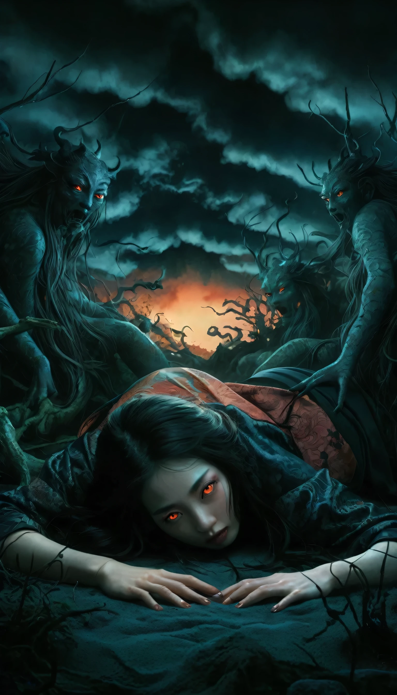 A hauntingly beautiful dark fantasy scene captures a woman lying prone on the ground, shrouded in darkness with only her glowing eyes visible. Her face is enveloped in the shadows of night, and she is surrounded by eerie, otherworldly creatures with distorted, twisted forms. The ominous atmosphere is heightened by the swirling clouds in the sky, casting an eerie glow that intensifies the sense of dread and foreboding. The vibrant, high-quality rendering of this scene immerses the viewer in a cinematic experience, as if the dawn is the only barrier between her and the unknown darkness that looms. This captivating image draws inspiration from the traditional Japanese art form of ukiyo-e, creating a mesmerizing blend of ancient and modern styles., ukiyo-e, cinematic, vibrant, photo, dark fantasy