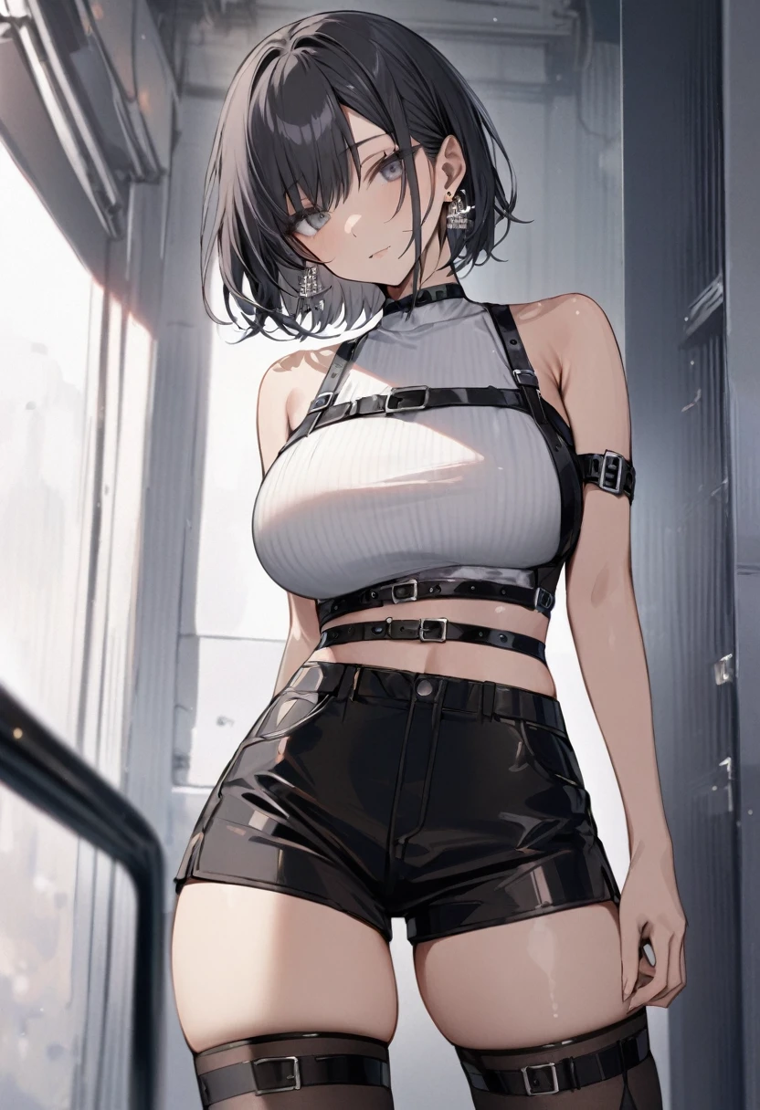 masterpiece, best quality, 1girl, solo, adult, black gray hair, short hair, earrings, gray eyes, detailed face, white crop top, large breasts, shorts, stocking, arm belt, infront of viewer, empty look, 