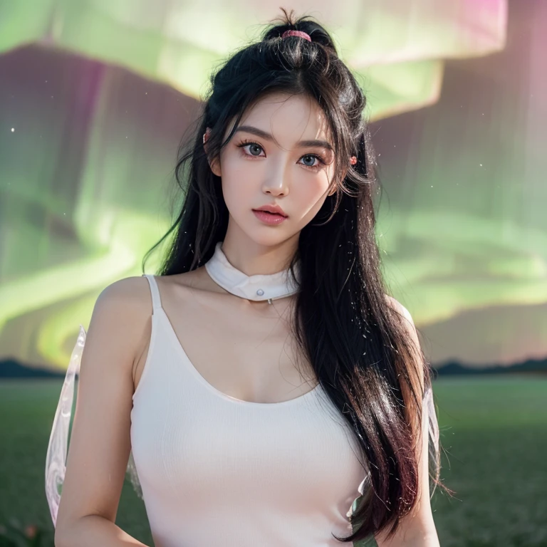 Southeast Asian Araaf woman with a round face,Posing for pictures,Look at the audience, ,ภาพสามมิติ 8K,ไฟสีHigh quality 45,000,000,000 pixels, photo, post-trade photo, animation , black eyes ตาสองชั้น, black eyes, Thai anime, ponytail woman, flowing black hair, long flowing black hair, she has black hair, Her black hair was long and wavy., beautiful black hair, Extra dark natural black hair, (A pure and flawless face:), (Big eyes and makeup, Sexy wet eye makeup, The makeup and hair are beautiful and very meticulous., photoดิบ, photoที่ดีที่สุด, high resolution, best quality, photoที่ดีที่สุด, The truest color tone, Masterpiece, best beauty brands, photoจริงของแบรนด์, dark studio, border light, Two tone light, (Pinkish white skin: 1.4), (High surface detail: 1.1), 8K, Good SLR, soft light, 8K, High quality, Straightforward, The sound level is smooth and clear., 10 times more pixels, The sexy goddess, The sexy goddess, (background space: 1.8), (The most beautiful aurora eyes: 1.7), beautiful eyes, (More details:0.8),