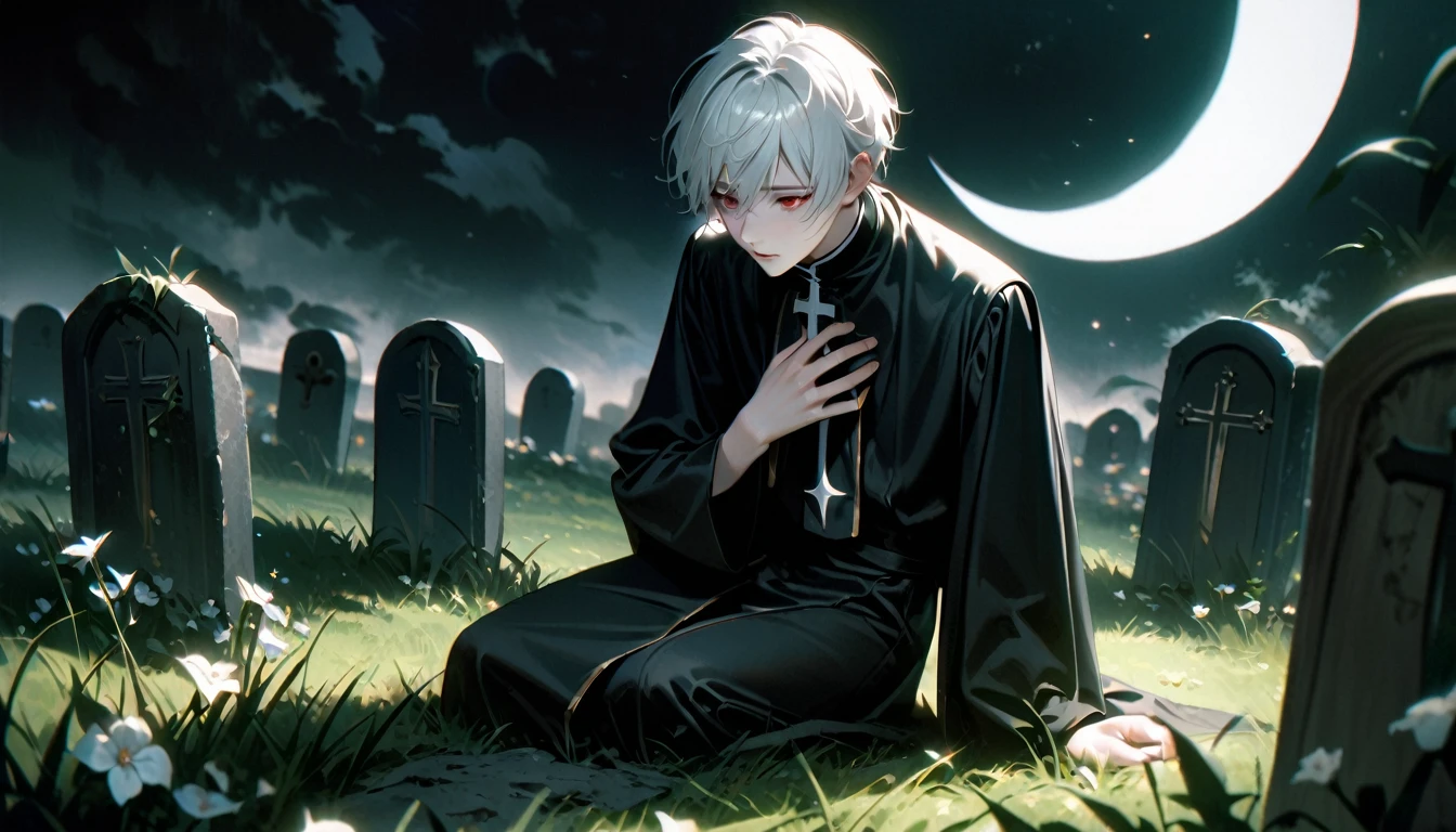 1boy, male focus, young boy, beautiful boy, short white hair, droopy red eyes, he looks stoic and a bit sad, he is slender, he has fair skin, he is wearing a simple European Catholic priest black uniform, he is kneeling down before a worn gravestone, left hand close to his chest, right hand is putting a withered flower on the grave, at night, dark cloud, crescent moon, in a grass field, the grass is withered and blown by the wind, the air has a faint white hue, melancholic air, realistic shading, absurdres, masterpiece, cinematic, detailed, very aesthetic