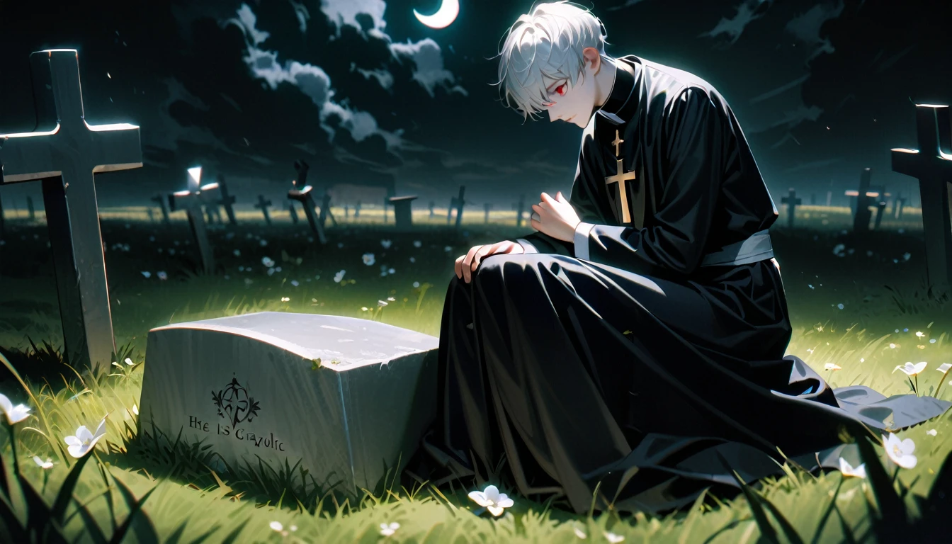 1boy, male focus, young boy, beautiful boy, short white hair, droopy red eyes, he looks stoic and a bit sad, he is slender, he has fair skin, he is wearing a simple European Catholic priest black uniform, he is kneeling down before a worn gravestone, left hand close to his chest, right hand is putting a withered flower on the grave, at night, dark cloud, crescent moon, in a grass field, the grass is withered and blown by the wind, the air has a faint white hue, melancholic air, realistic shading, absurdres, masterpiece, cinematic, detailed, very aesthetic