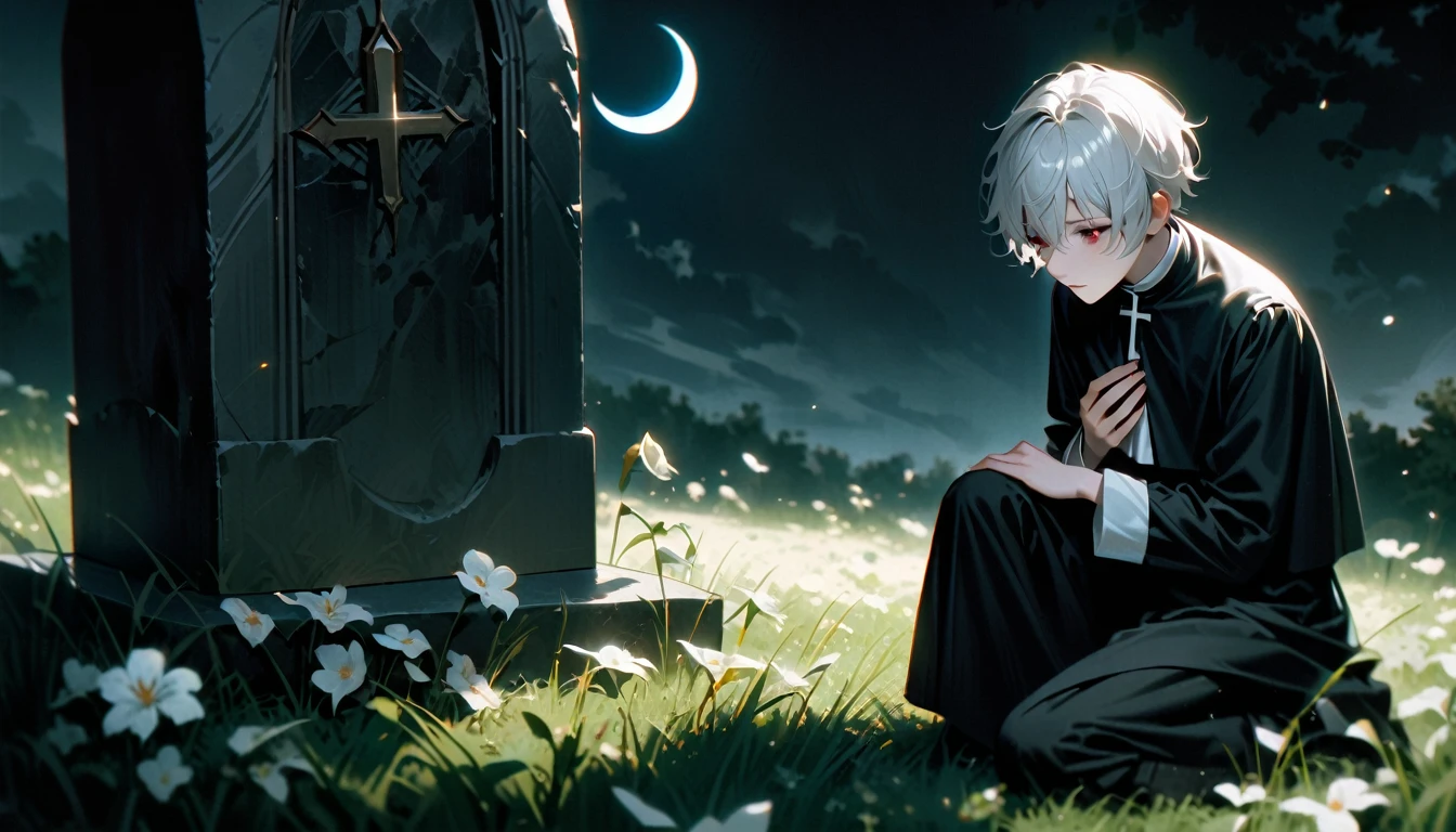 1boy, male focus, young boy, beautiful boy, short white hair, droopy red eyes, he looks stoic and a bit sad, he is slender, he has fair skin, he is wearing a simple European Catholic priest black uniform, he is kneeling down before a worn gravestone, left hand close to his chest, right hand is putting a withered flower on the grave, at night, dark cloud, crescent moon, in a grass field, the grass is withered and blown by the wind, the air has a faint white hue, melancholic air, realistic shading, absurdres, masterpiece, cinematic, detailed, very aesthetic
