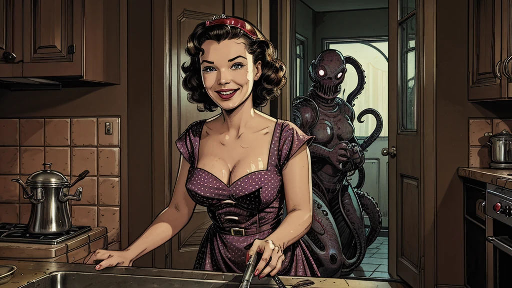 The vintage advertisement appears to celebrate 1950s domesticity at first glance. In the foreground, a smiling housewife poses holding a vintage vacuum, embodying the can-do attitude of the era's homemakers. She wears a classic polka-dot dress with a modest sweetheart neckline that hints at her shapely figure. Perfectly coiffed brunette curls frame her made-up face.
However, a closer look reveals a darker, sinister presence. Looming behind the housewife, visible through the open doorway of her cheerful kitchen, is the unmistakable form of a grotesque, multi-tentacled monster straight out of a sci-fi horror tale. Tentacled monster, tentacled monster, tentacled monster, tentacled monster.
The creature's putrid, gelatinous flesh seems to slough from its pulsating form, already staining the cheerful checkerboard tiles. Countless grotesque appendages whip through the air, knocking over cherry-red kitchen accessories. One deformed tentacle, lined with rows of serrated fangs, creeps ever closer to the oblivious housewife.
But the homemaker's plastic smile remains unwavering, her upbeat pose entirely at odds with the literal kitchen nightmare unfolding behind her. The vacuum she holds looks comically inadequate against the spawning abomination.
The bold text overlay reads: "With Maybelle's, Even Cosmic Horrors Are No Match for a Housewife's Gumption!" The tagline jarringly combines the idyllic 1950s household with a hint of schlocky, drive-in movie camp.
Blending the saccharine-sweet feminine ideals of the era with a full-blown sci-fi monster invasion, the advertisement presents a deliriously incongruous juxtaposition of prim domesticity and terrifying, tentacled chaos.