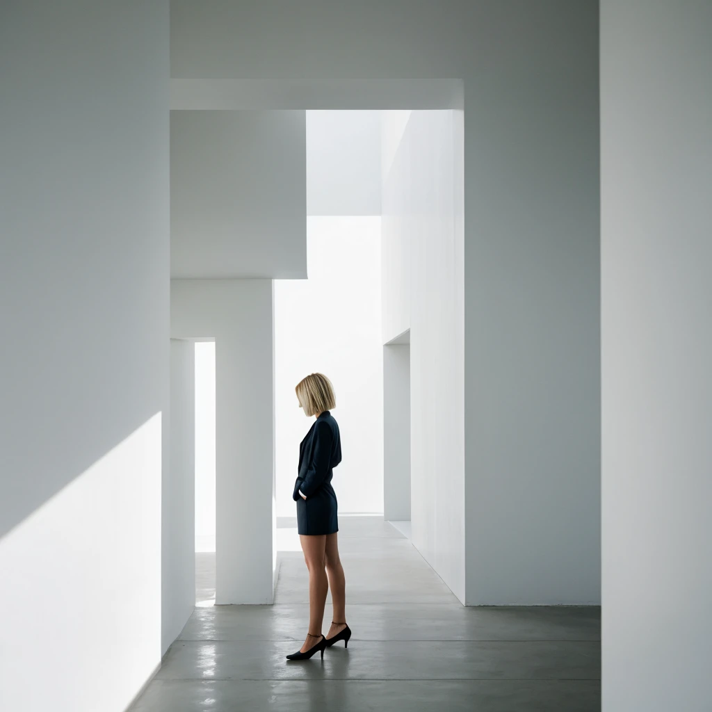  no face visible short blonde hair women stands back the background of a minimalist beautiful white architecture 