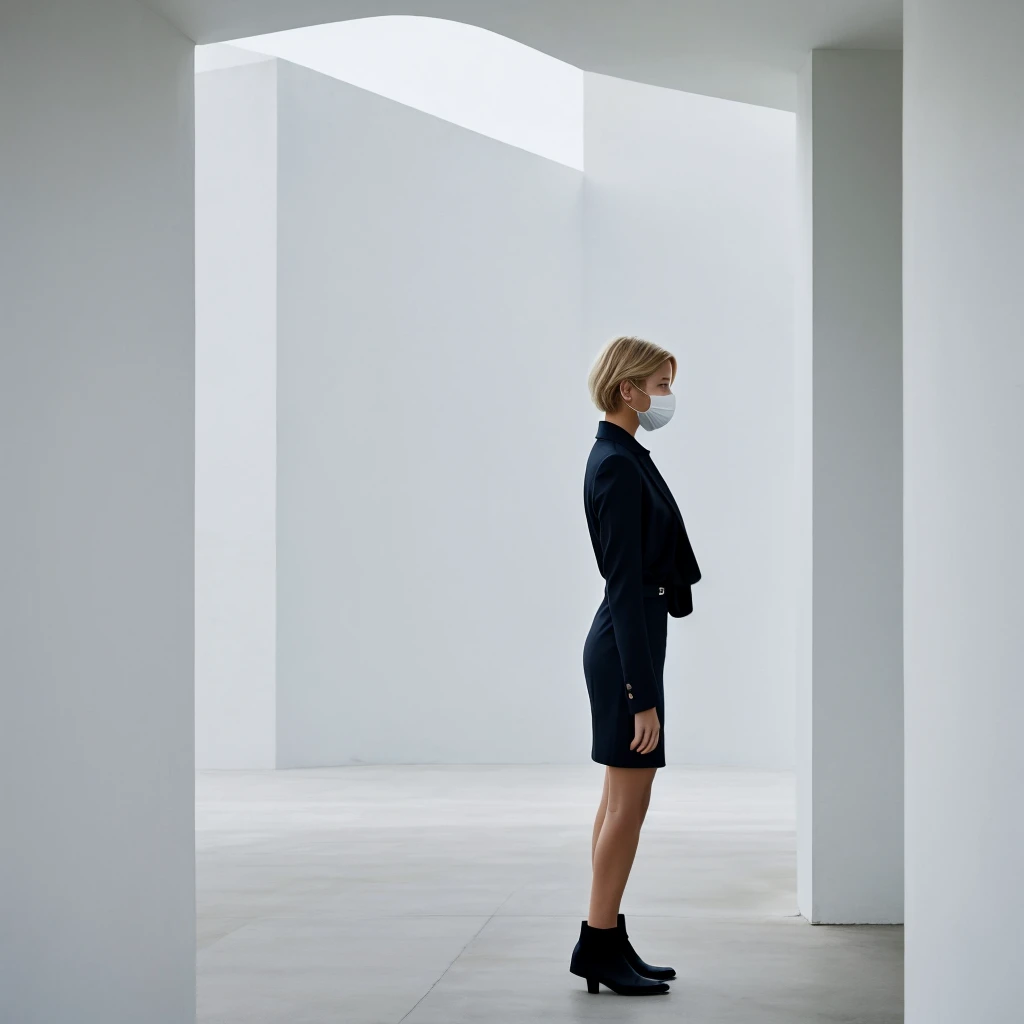 no face visible short blonde hair women stands back the background of a minimalist beautiful white architecture