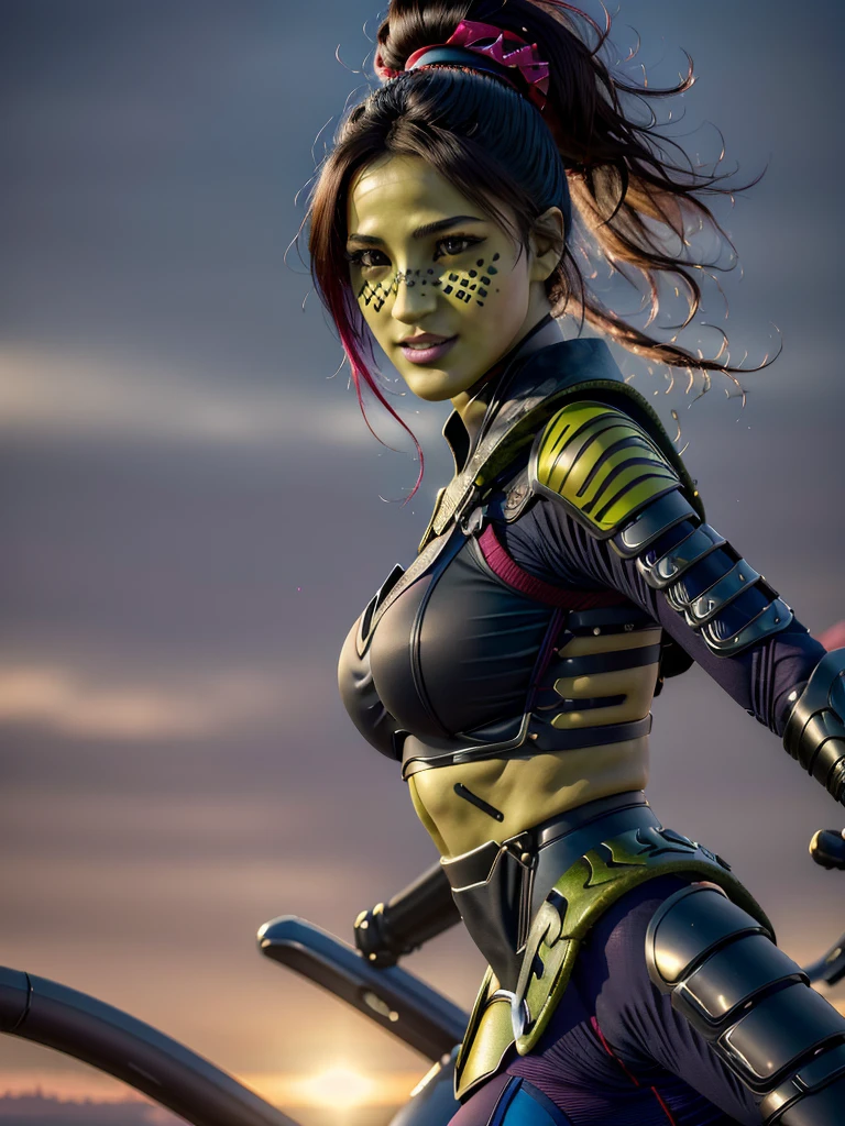 (best quality, masterpiece, beautiful and aesthetic:1.2, colorful, dynamic angle, highest detailed face)1girl,barissoffee, ninja, ninja_clothes, armor, black latex, (green skin:1.4), facial tattoo,upper body portrait, looking at viewer, smiling(high contrast, official art, extreme detailed, highest detailed)