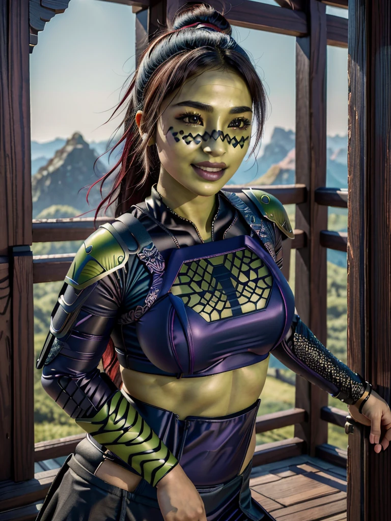 (best quality, masterpiece, beautiful and aesthetic:1.2, colorful, dynamic angle, highest detailed face)1girl,barissoffee, ninja, ninja_clothes, armor, black latex, (green skin:1.4), facial tattoo,upper body portrait, looking at viewer, smiling(high contrast, official art, extreme detailed, highest detailed)