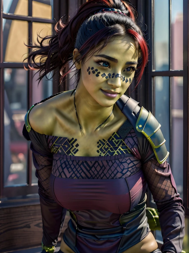 (best quality, masterpiece, beautiful and aesthetic:1.2, colorful, dynamic angle, highest detailed face)1girl,barissoffee, ninja, ninja_clothes, armor, black latex, (green skin:1.4), facial tattoo,upper body portrait, looking at viewer, smiling(high contrast, official art, extreme detailed, highest detailed)