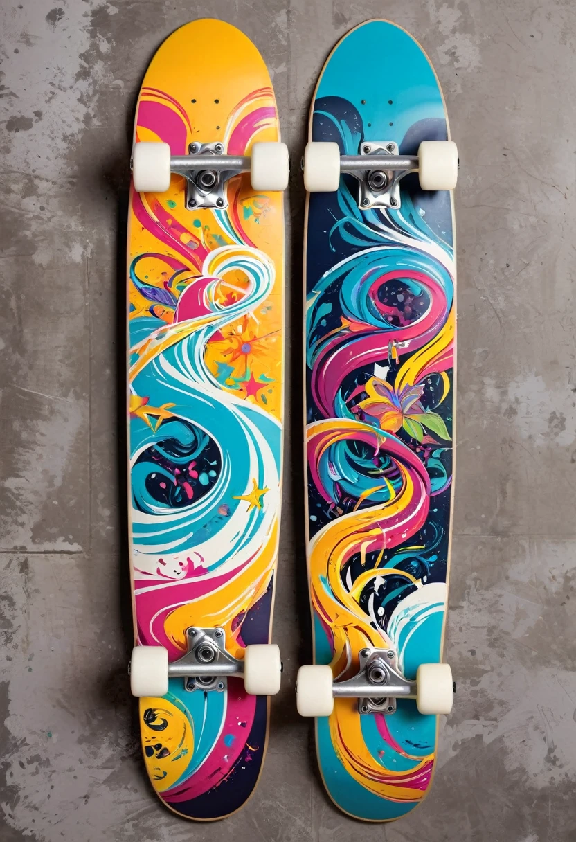 A Skateboard with vector art of a colorful illustration of two crossed surfboards, At the center, swirly vibrant colors, paint splashes and smears, high détail, designs de skate
(artwork, best quality, proffesional, perfect composition, very aesthetic, absurdrez, super verbose, Intricate details:1.3)