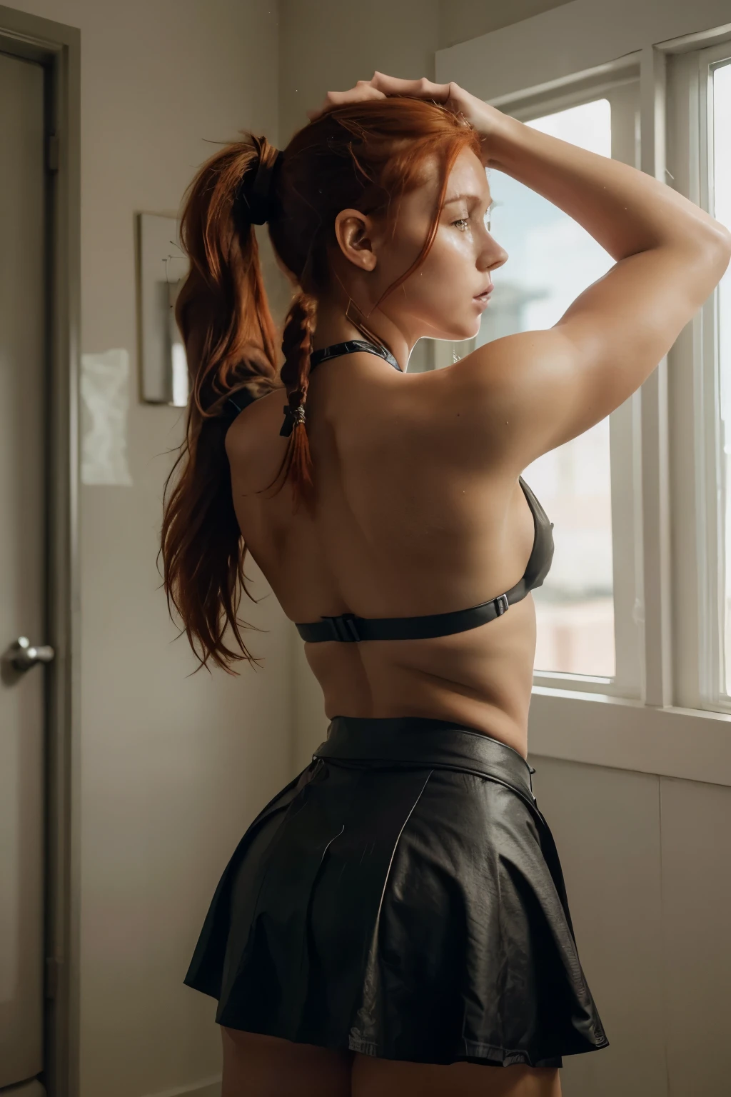 a girl with red hair and a ponytail, her arms bound behind her back with duct tape. She is wearing no shirt and a skirt. She has an improvised gag made of tape over her mouth, giving her a blush on her cheeks. The image should have a high-quality, realistic, and detailed rendering with vivid colors. The lighting should be natural, accentuating the girl's features, and creating a sense of depth. The overall style should be a mix of portrait and bondage art, combining elements of vulnerability and strength. The color tone should have a slight warm and nostalgic feel, enhancing the emotional impact of the image.