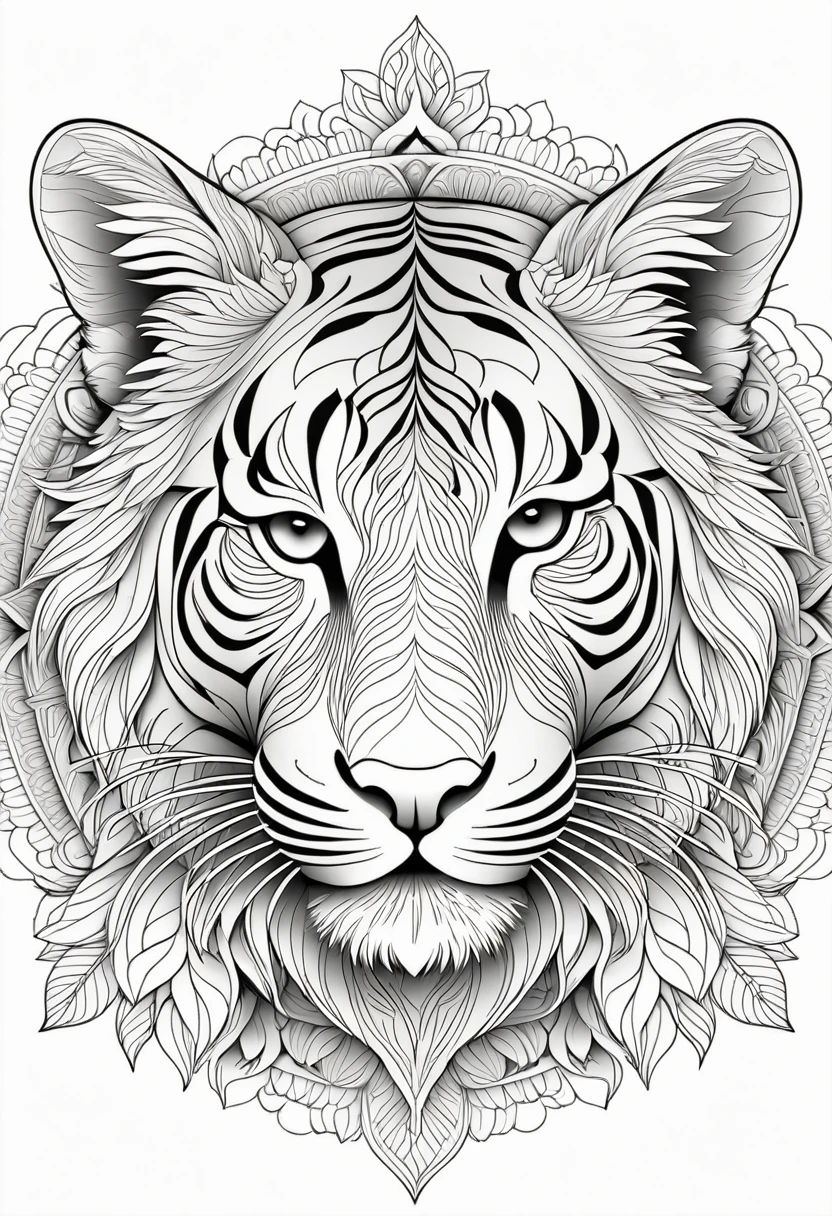 A striking black and white line art coloring page designed for adults with white background, featuring a majestic tiger in a mandala-inspired style. The tiger is adorned with intricate patterns that include floral and geometric designs, making it an engaging and detailed work of art. The illustration focuses on crisp, clean lines and bold outlines, without any shading or color, allowing the user to bring their own vibrancy to the piece. The minimalistic design, with its thick lines and absence of background details, creates a soothing coloring experience for adults seeking calming and creative activities. illustration