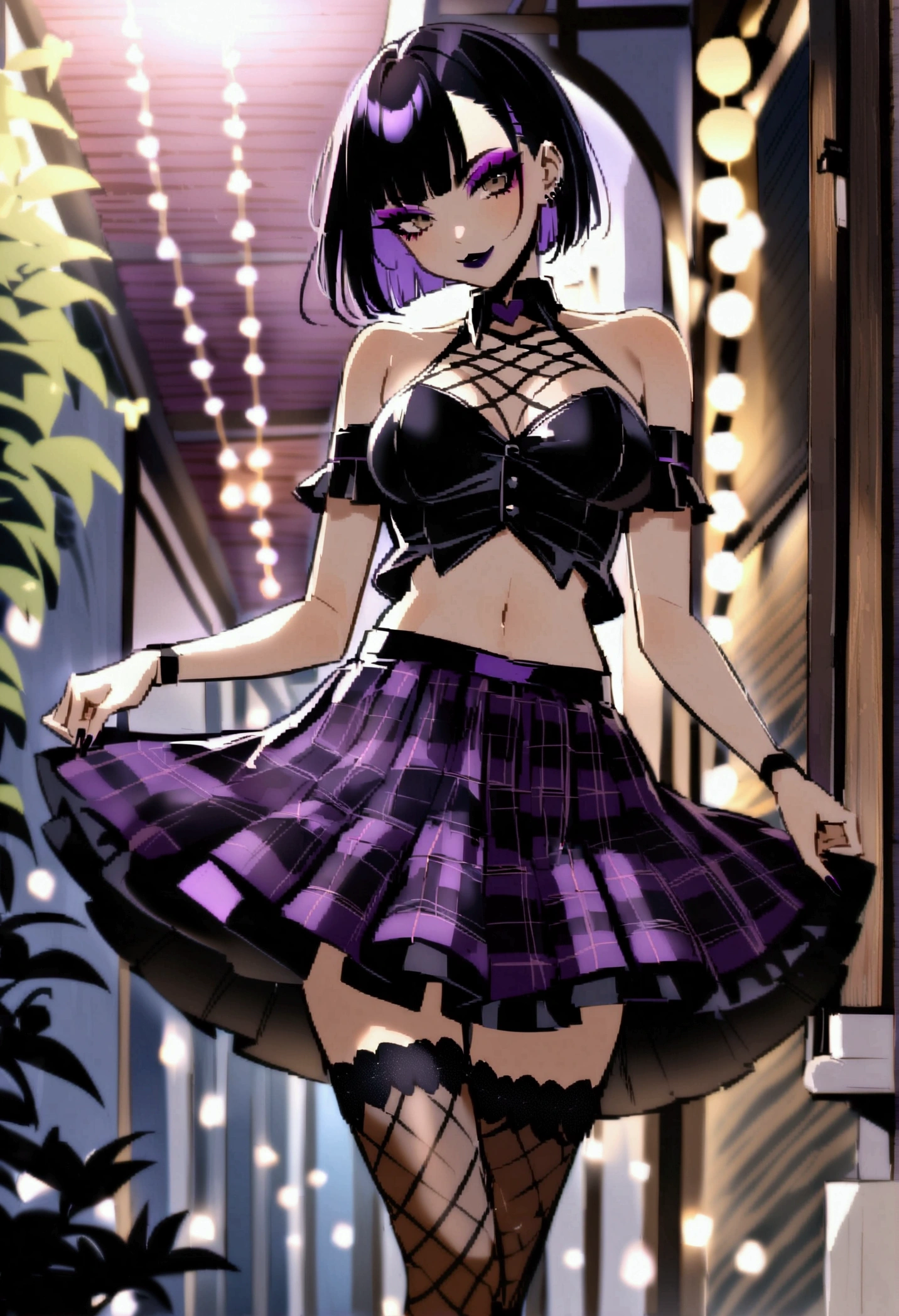 wicked sexy goth girl, plaid black-and-purple pleated miniskirt, tucked in black buttoned skirt, raven haired short pixie cut, black lipstick and eyeshadow, fishnet stockings, Maryjane high heels, hip swaying pose,sultry smile, extreme tetail description,professional,natural and soft anime colors with a dreamy atmosphere,