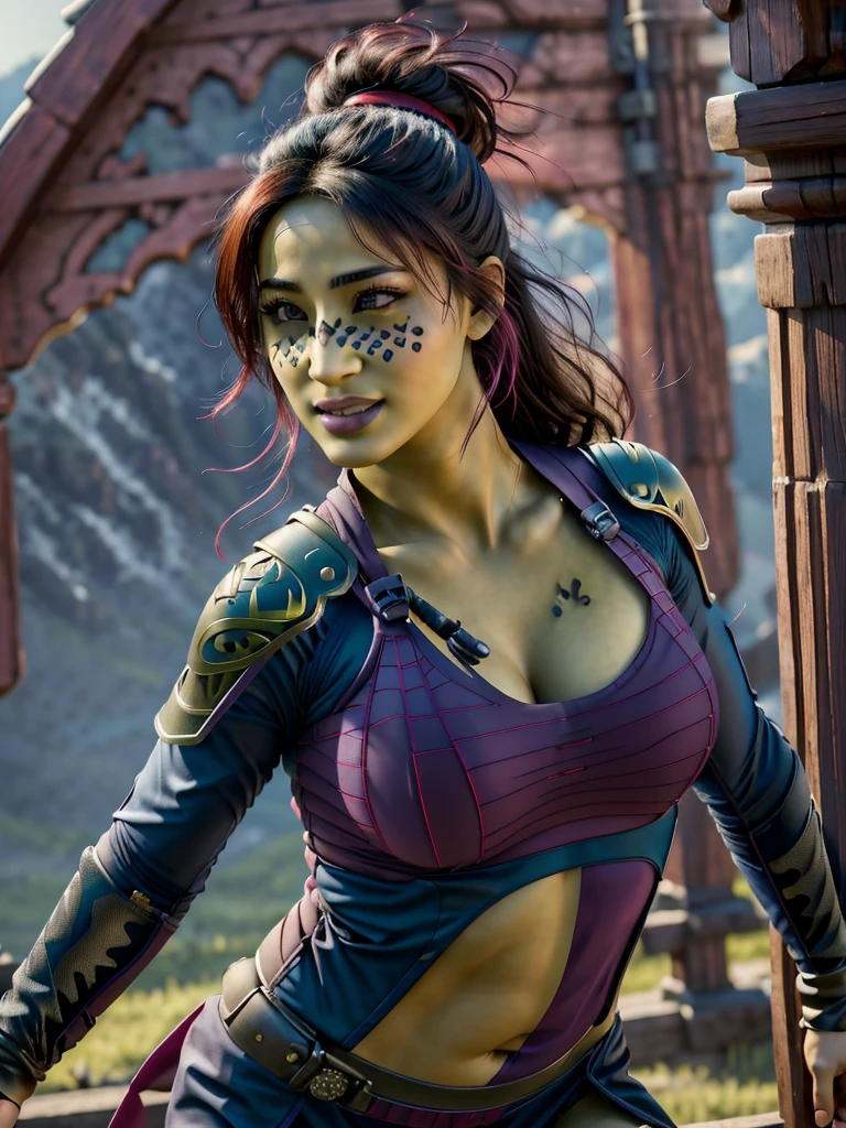 (best quality, masterpiece, beautiful and aesthetic:1.2, colorful, dynamic angle, highest detailed face)1girl,barissoffee, ninja, ninja_clothes, armor, black latex, (green skin:1.4), facial tattoo,upper body portrait, looking at viewer, smiling(high contrast, official art, extreme detailed, highest detailed)