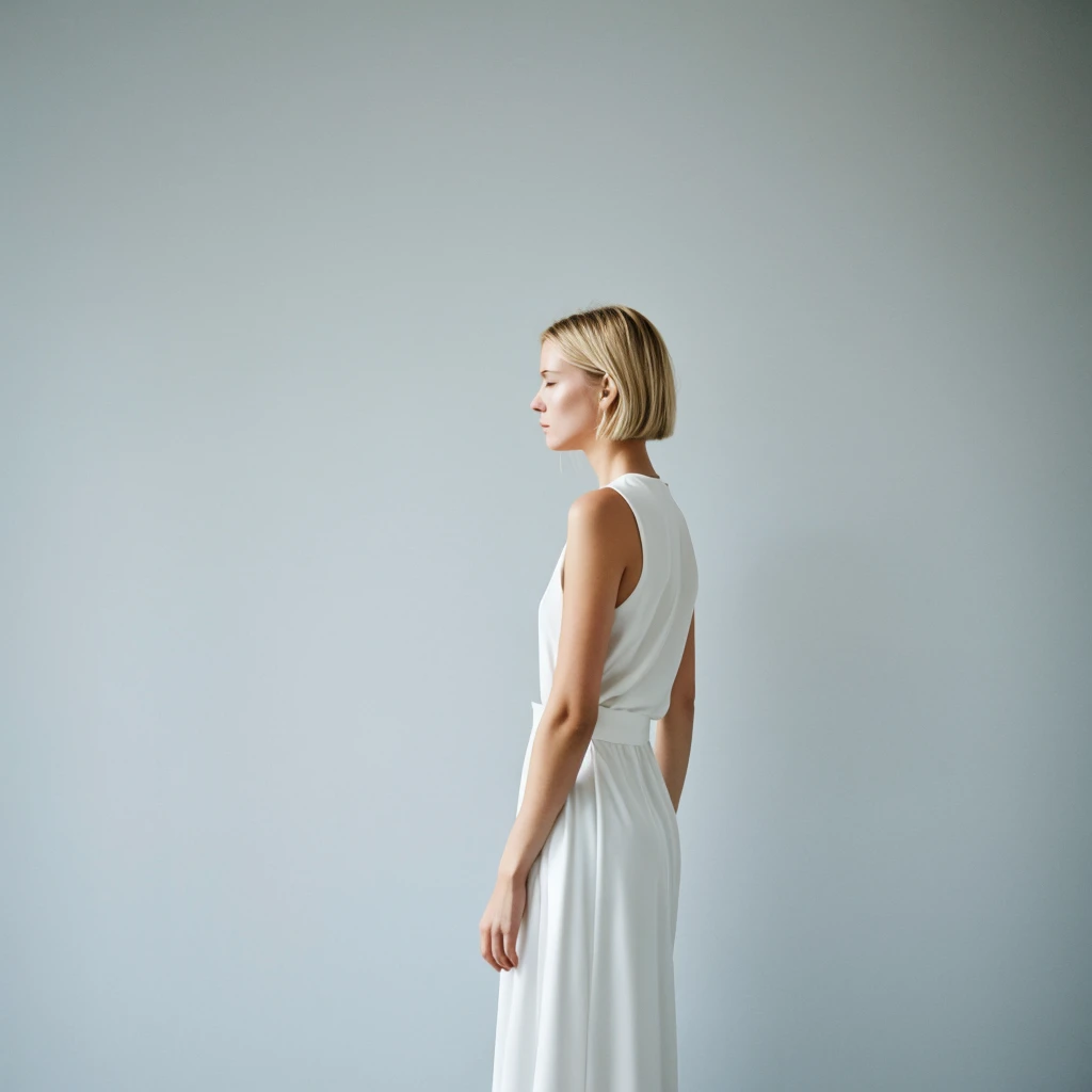 no face visible short blonde hair women stands back the background of a minimalist beautiful white architecture