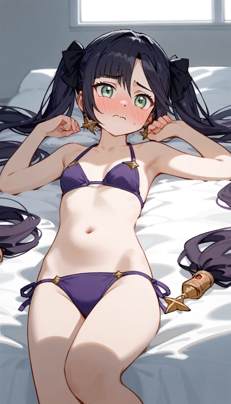 masterpiece,Ultra HD,score_4_onBREAK source_anime,可愛いanimeイラスト, One Girl, alone, Mona XL, Long black hair, Green Eyes, tsurime, Twin tails, Medium Chest, View your audience,Embarrassed,Bed,Lying down,Purple Bikini,nsfw,The swimsuit is taken off,