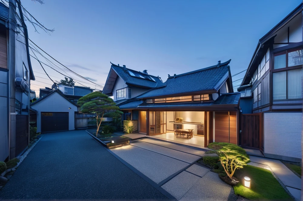 Modern Japanese architectural style house, twilight environmental lighting reflecting off sleek, angular lines and large windows, unique roof design, warm illumination from within, quiet residential street.