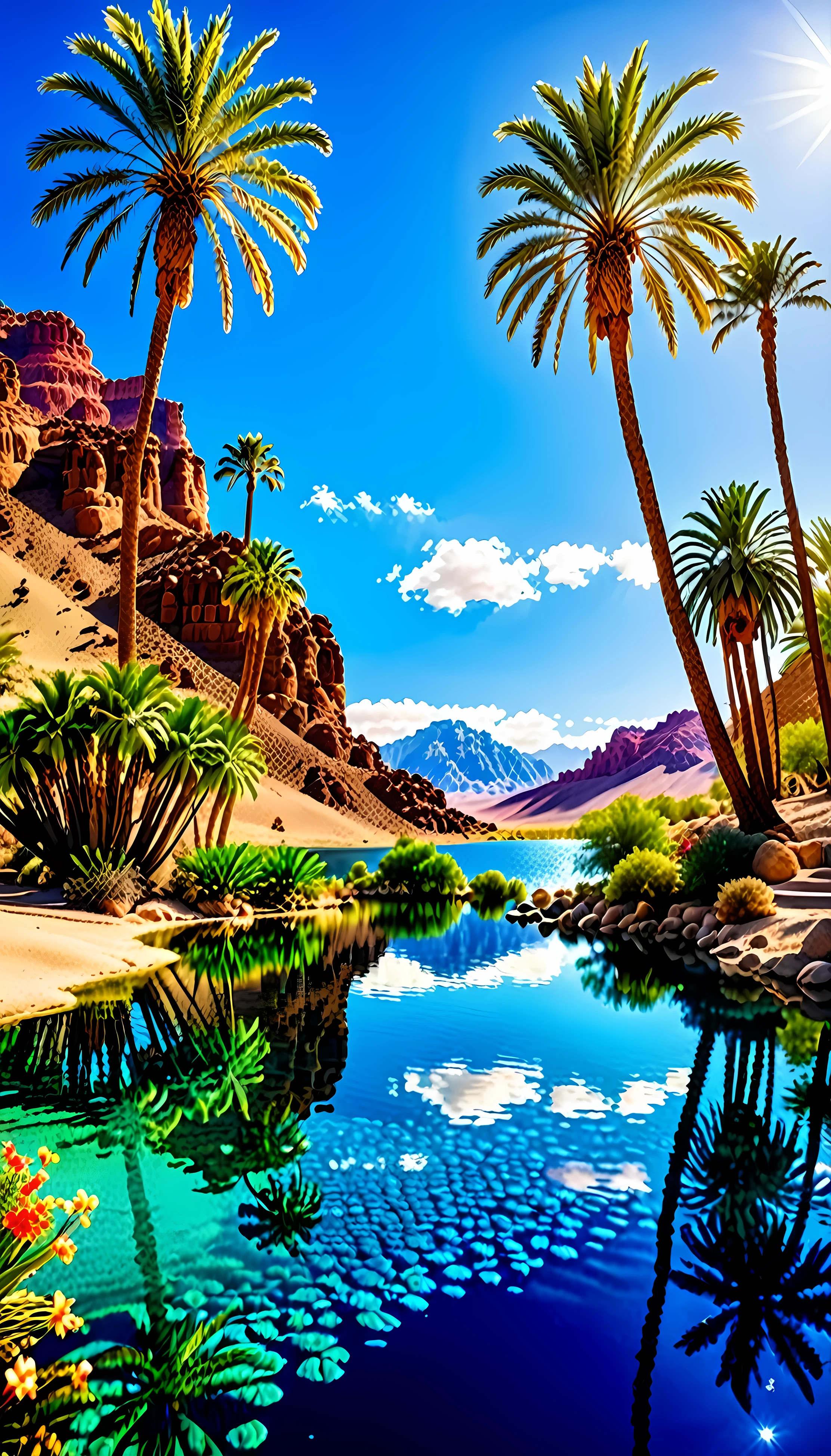 Masterpiece, Best quality, High quality, Extremely detailed Cg Unity 8K wallpaper, Charming and dreamy desert oasis scene, beautiful big blue lake as the focal point, glimmering water surface,with palm trees, The hidden fairytale valley creates a sense of mystery and charm, art stations, Intricate, Trendy, Award-winning photography, Bokeh, Depth of field, hdr, full bloom, color difference, Photorealistic, Extremely detailed,