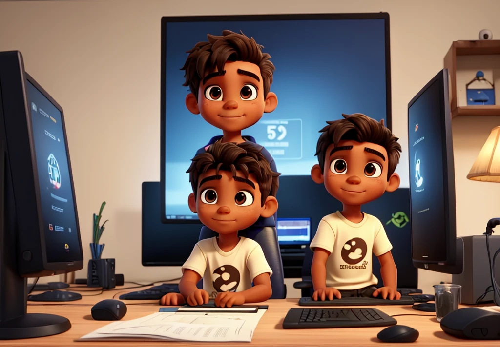 two brothers, 4 years and the other 7 years, 2 gamer kids, brown eyes and skin, slightly tanned skin, gamer, baby brother and a bigger one, playing on the computer, slickedback hair