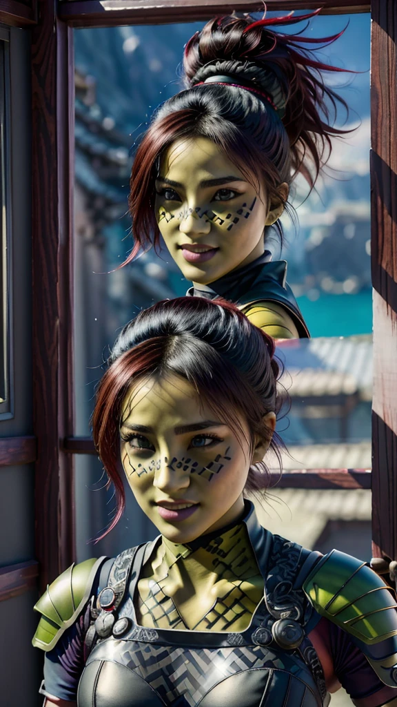 (best quality, masterpiece, beautiful and aesthetic:1.2, colorful, dynamic angle, highest detailed face)1girl,barissoffee, ninja, ninja_clothes, armor, black latex, (green skin:1.4), facial tattoo,upper body portrait, looking at viewer, smiling(high contrast, official art, extreme detailed, highest detailed)