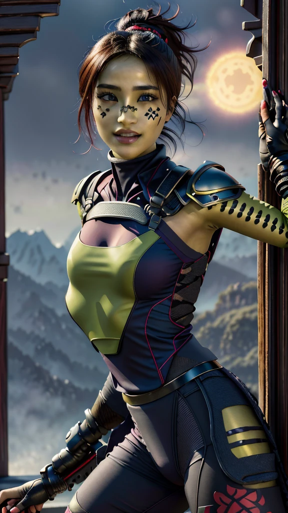 (best quality, masterpiece, beautiful and aesthetic:1.2, colorful, dynamic angle, highest detailed face)1girl,barissoffee, ninja, ninja_clothes, armor, black latex, (green skin:1.4), facial tattoo,upper body portrait, looking at viewer, smiling(high contrast, official art, extreme detailed, highest detailed)