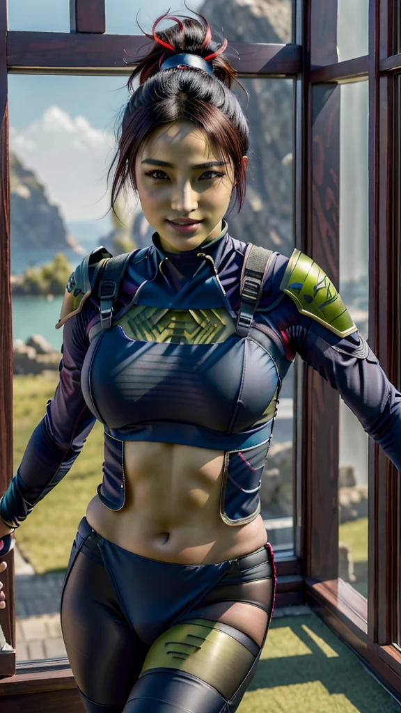 (best quality, masterpiece, beautiful and aesthetic:1.2, colorful, dynamic angle, highest detailed face)1girl,barissoffee, ninja, ninja_clothes, armor, black latex, (green skin:1.4), facial tattoo,upper body portrait, looking at viewer, smiling(high contrast, official art, extreme detailed, highest detailed)