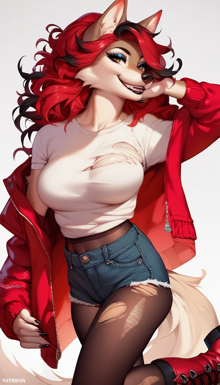 anime fantasy anthro style, a beautiful adventurer, (wolf with white fur), ((long red hair with black highlights)), open jacket over a loose t-shirt, short jeans shots, ripped tights, boots, hourglass body, mature beauty, (((posing))), confident smile. Highly detailed, fantastic action scene
