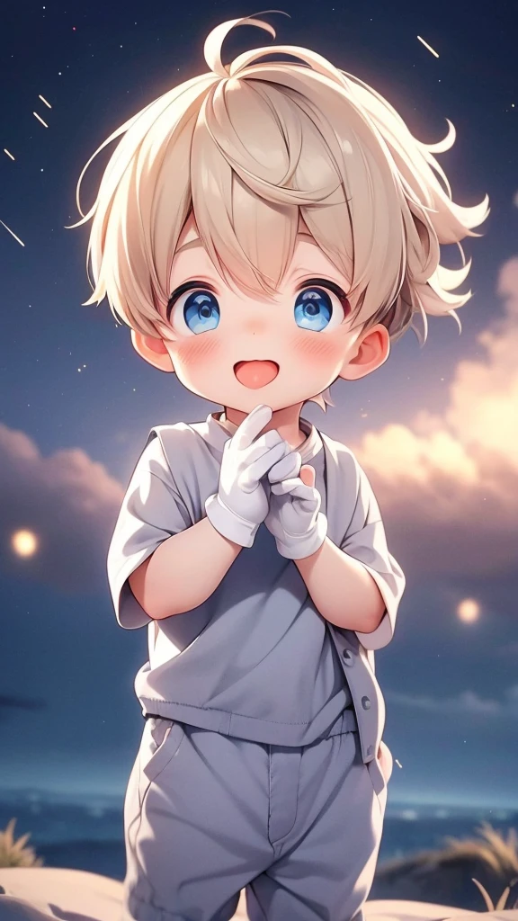 Cute little cute little boy standing up he is blonde and is sticking out his tongue and doing it with his fingers 👉🏻👈🏻 He's standing the scenery behind has bright floating stars and the boy is standing He's wearing a glove 
