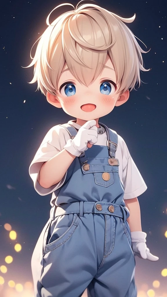 Cute little cute little boy standing up he is blonde and is sticking out his tongue and doing it with his fingers 👉🏻👈🏻 He's standing the scenery behind has bright floating stars and the boy is standing He's wearing a glove