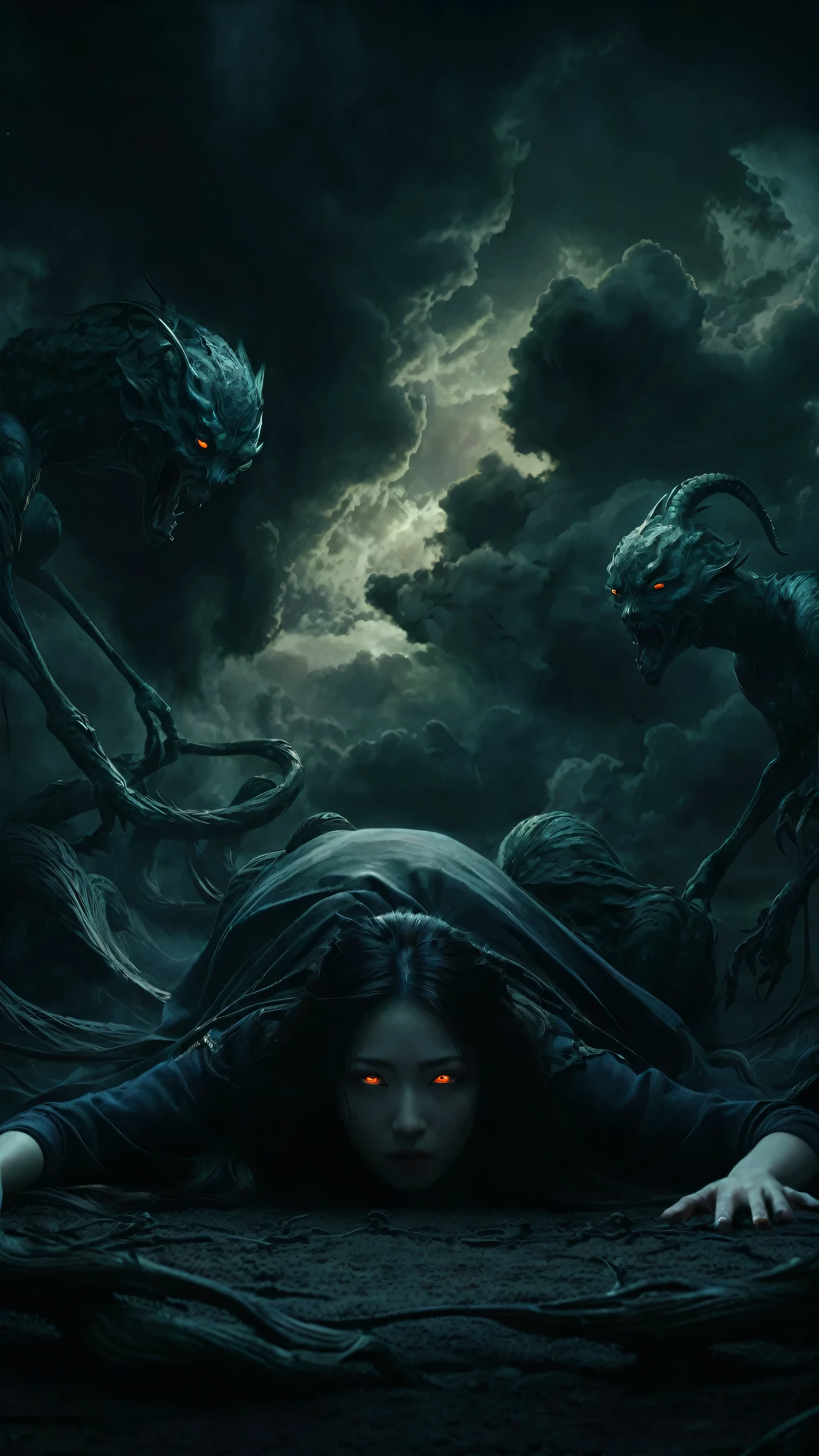 A hauntingly beautiful dark fantasy scene captures a woman lying prone on the ground, shrouded in darkness with only her glowing eyes visible. Her face is enveloped in the shadows of night, and she is surrounded by eerie, otherworldly creatures with distorted, twisted forms. The ominous atmosphere is heightened by the swirling clouds in the sky, casting an eerie glow that intensifies the sense of dread and foreboding. The vibrant, high-quality rendering of this scene immerses the viewer in a cinematic experience, as if the dawn is the only barrier between her and the unknown darkness that looms. This captivating image draws inspiration from the traditional Japanese art form of ukiyo-e, creating a mesmerizing blend of ancient and modern styles., ukiyo-e, cinematic, vibrant, photo, dark fantasy