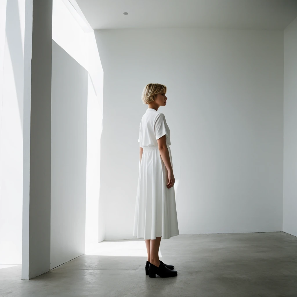 no face visible short blonde hair women stands back the background of a minimalist beautiful white architecture