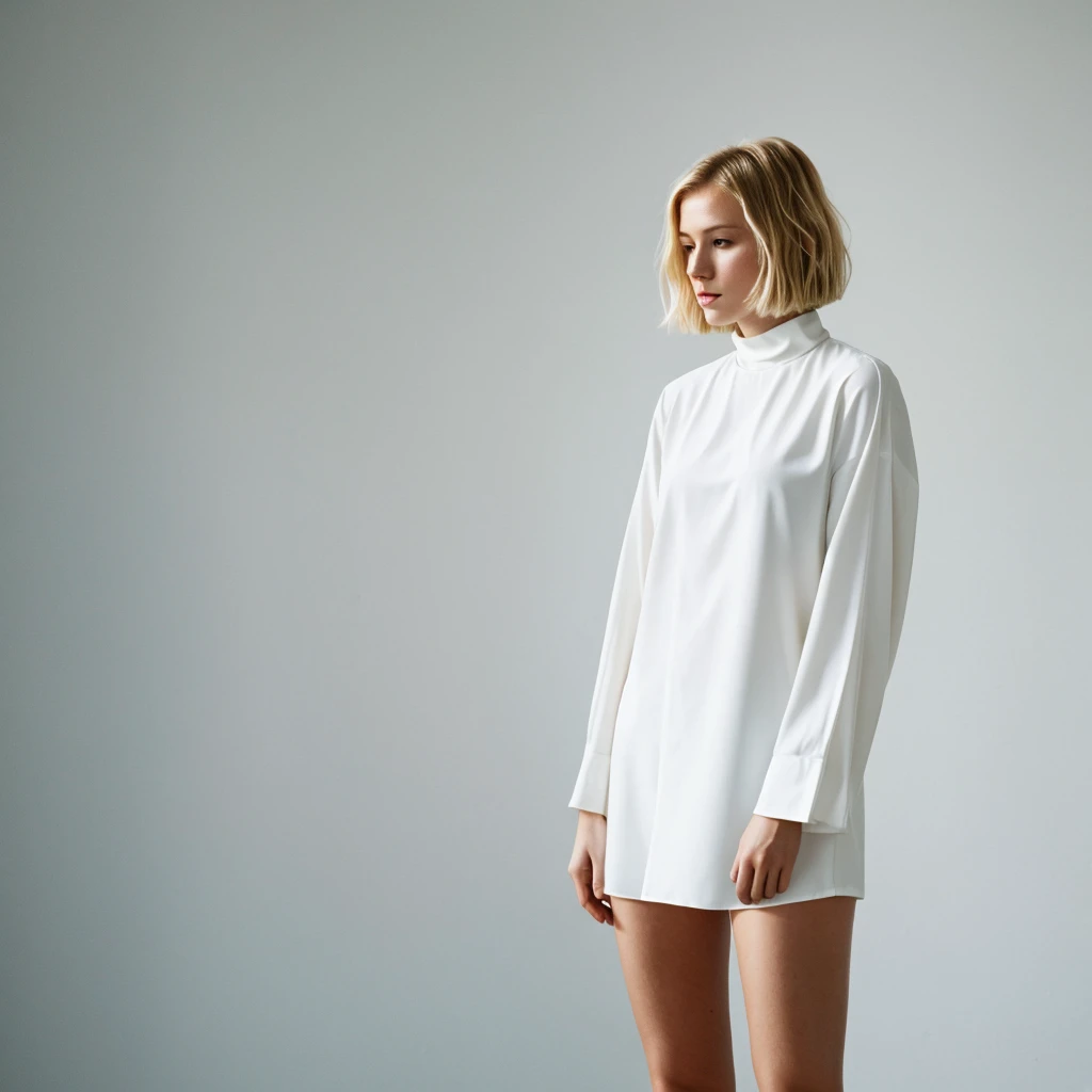 no face visible short blonde hair women stands back the background of a minimalist beautiful white architecture