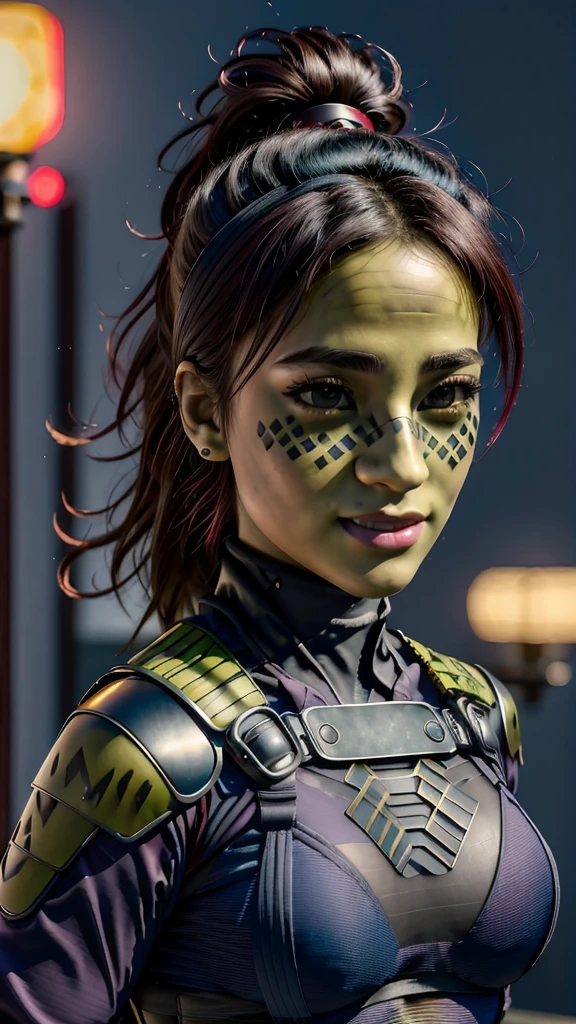 (best quality, masterpiece, beautiful and aesthetic:1.2, colorful, dynamic angle, highest detailed face)1girl,barissoffee, ninja, ninja_clothes, armor, black latex, (green skin:1.4), facial tattoo,upper body portrait, looking at viewer, smiling(high contrast, official art, extreme detailed, highest detailed)