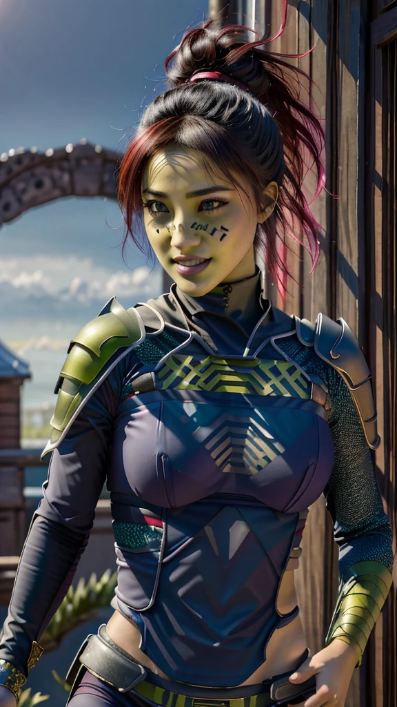 (best quality, masterpiece, beautiful and aesthetic:1.2, colorful, dynamic angle, highest detailed face)1girl,barissoffee, ninja, ninja_clothes, armor, black latex, (green skin:1.4), facial tattoo,upper body portrait, looking at viewer, smiling(high contrast, official art, extreme detailed, highest detailed)