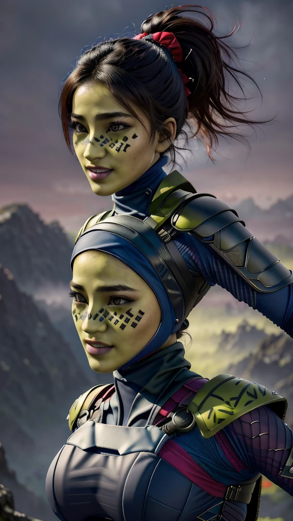 (best quality, masterpiece, beautiful and aesthetic:1.2, colorful, dynamic angle, highest detailed face)1girl,barissoffee, ninja, ninja_clothes, armor, black latex, (green skin:1.4), facial tattoo,upper body portrait, looking at viewer, smiling(high contrast, official art, extreme detailed, highest detailed)