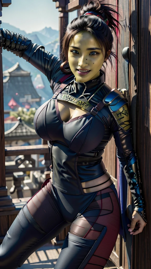 (best quality, masterpiece, beautiful and aesthetic:1.2, colorful, dynamic angle, highest detailed face)1girl,barissoffee, ninja, ninja_clothes, armor, black latex, (green skin:1.4), facial tattoo,upper body portrait, looking at viewer, smiling(high contrast, official art, extreme detailed, highest detailed)