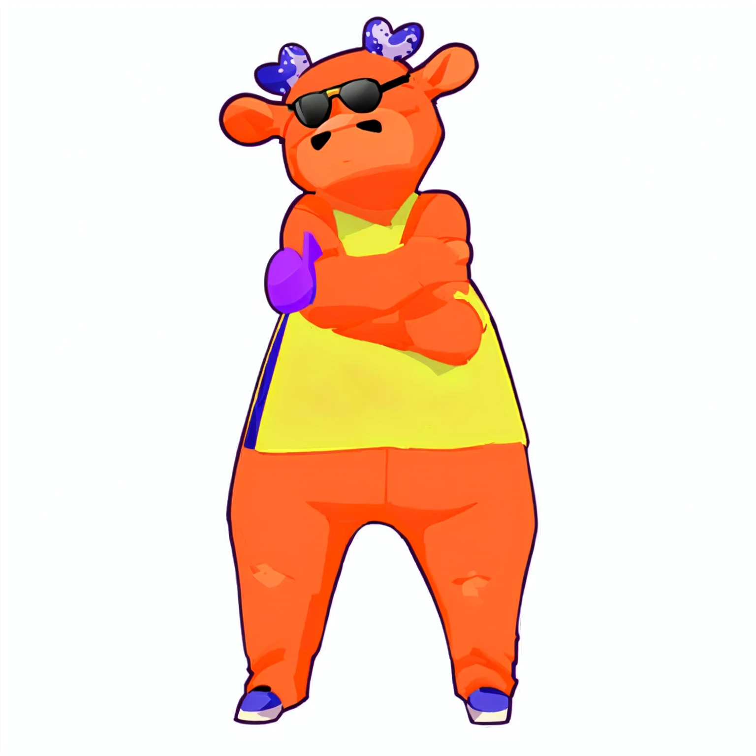 Just Dance,Wear a shirt、Wearing sunglasses、Cartoon cow with crossed arms, Full body mascot, ( cow wearing sunglasses, dancing character, Created using Adobe Illustrator, Teddy Fresh, Orange body, Created using Adobe Illustrator, Cartoon shading:15, Official Art, Merge roles, an anthropomorphic deer, Official illustrations, Full body clothing, Low resolution, posture