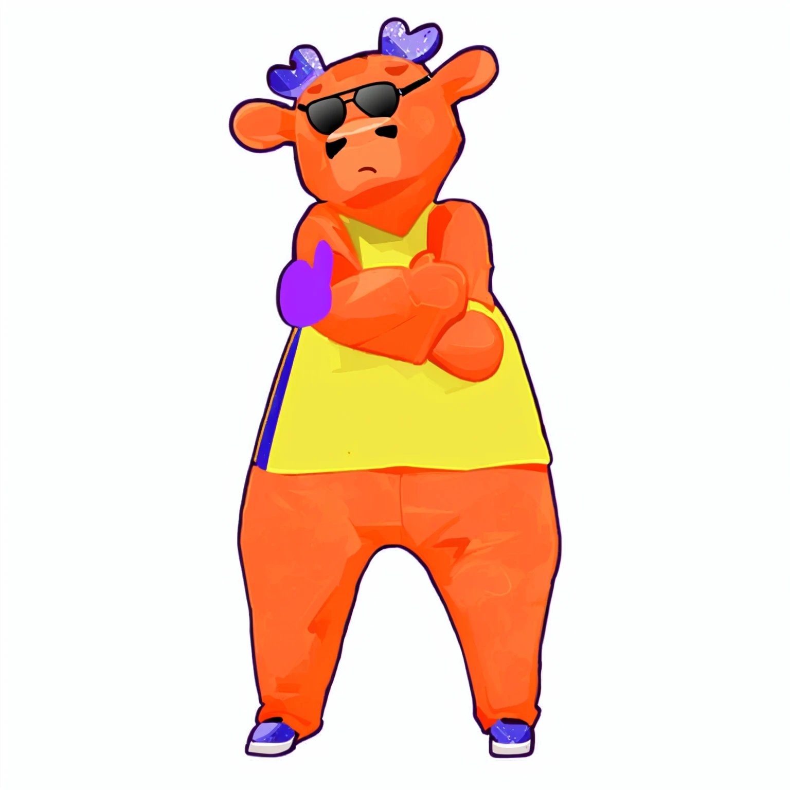 
Just Dance，Wear a shirt、Wearing sunglasses、Cartoon cow with crossed arms, Full body mascot, ( cow wearing sunglasses, dancing character, Created using Adobe Illustrator, Teddy Fresh, Orange body, Created using Adobe Illustrator, Cartoon shading:15, Official Art, Merge roles, an anthropomorphic deer, Official illustrations, Full body clothing, Low resolution, posture